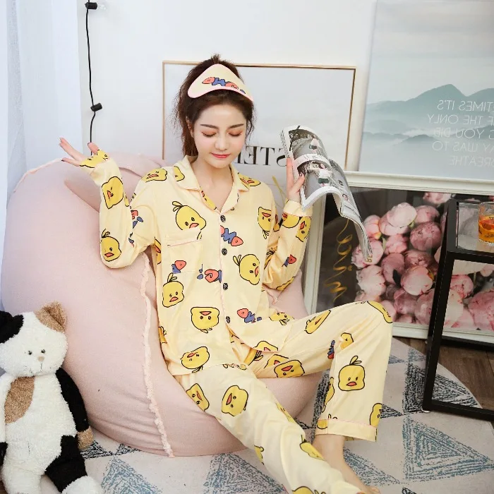 

Duckling with Eye Patch Spring And Autumn WOMEN'S Pajamas Long-sleeved Cardigan Cartoon Cute Loose-Fit Homewear Set