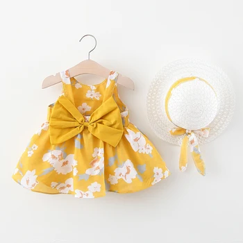 

2020 Summer Floral Dress With Big Bow New Bow Printed Cotton Dress Princess Send Hat
