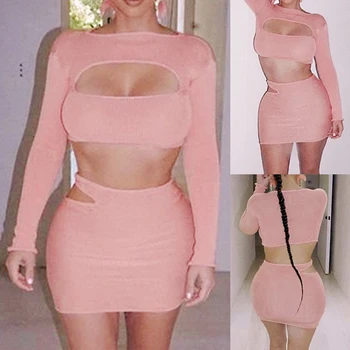

Two-Piece Dress Female Long Sleeve Hollowed Out Bodycon Sexy Mini Dress Club Party Costume