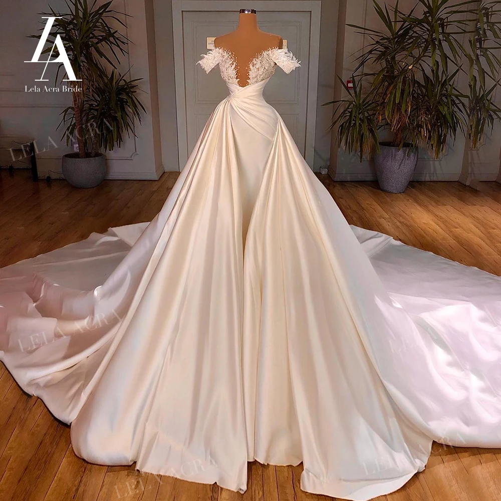 LelaAcra Luxury 3 In 1 Wedding Dress 2021 Sweetheart Feathers Lace Mermaid Bridal Gown Princess VS02 Plus Size Vestido De Novia | Свадьбы и