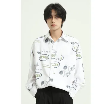 

Men Letter Print Streetwear Hip Hop Long Sleeve Casual Shirt Male Japan Korea Streetstyle Loose Shirt