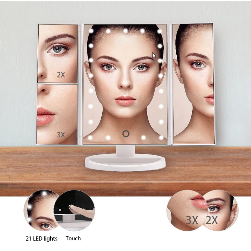 Touch Screen Trifold 22 LED Lighted Vanity Makeup Mirror with 1x/2x/3x Magnification USB Charging 180 Degree Adjustable Stand makeup mirror,magnifying mirror