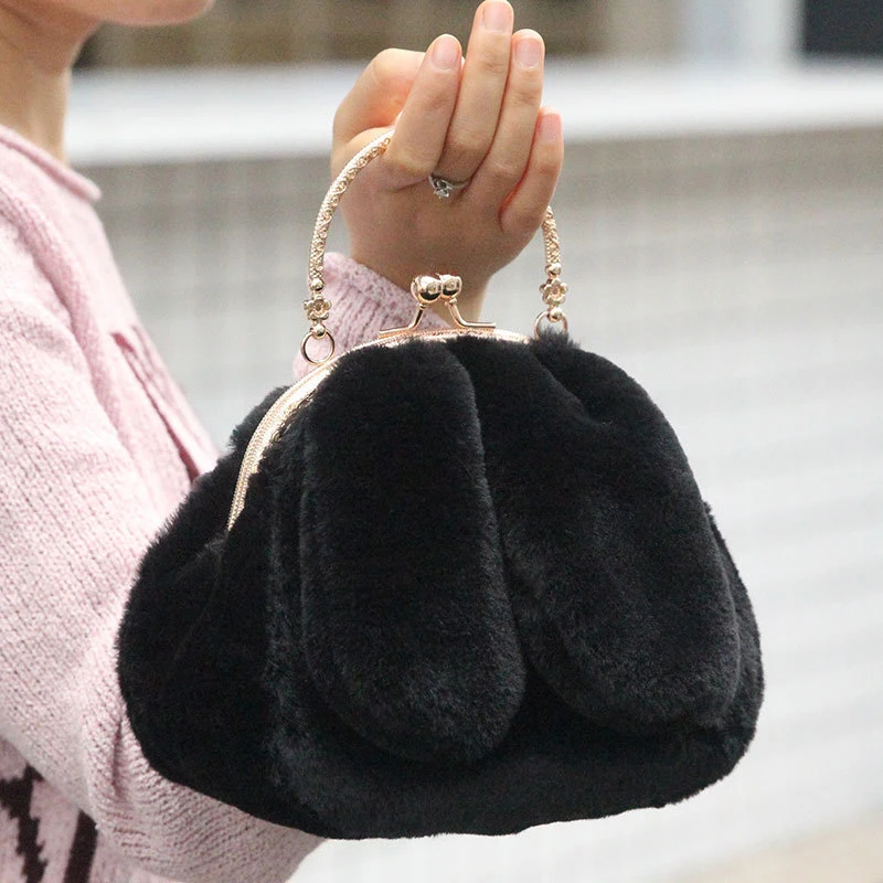 Cute Warm Winter Faux Fur Crossbody Bags For Women Plush Handbag Lady Shoulder Bags Long-Eared Rabbit Messenger Bag Dropshipping
