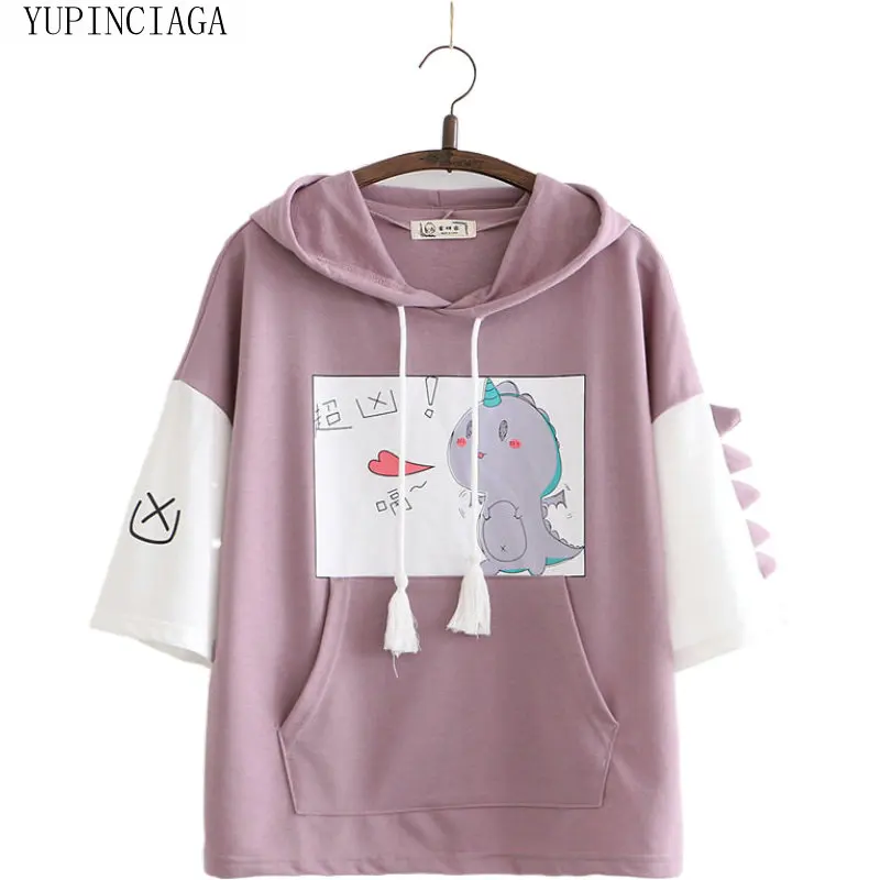 Women's Hooded T Shirts Cartoon Dinosaur Print Funny Shirt 2020 Spring Short Sleeve Drawstring Harajuku Cute Tops Tees | Женская