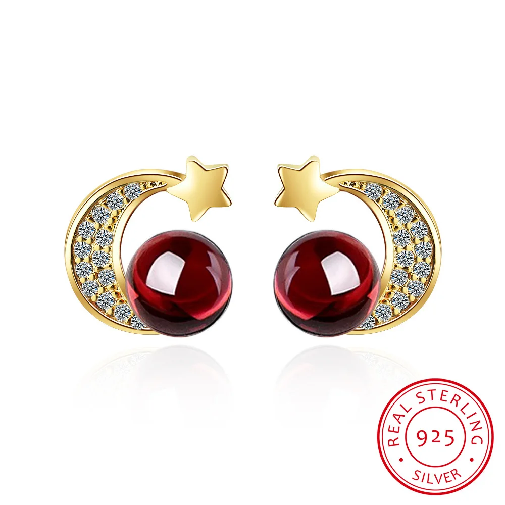 

Simple Red Garnet Zirconia Star Moon Stud Earrings For Women 925 Sterling Silver Jeweley S-E851