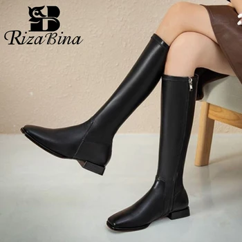 

RIZABINA Real Leather Women Knee Boots Fashion Zipper Thick Heel Winter Shoes Woman Warm Long Boot Office Footwear Size 33-40