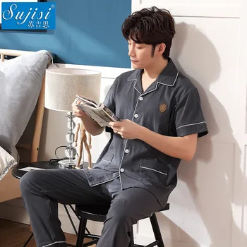 

Summer men's pajamas cotton short-sleeved trousers cardigan lapel summer half-sleeved large size thin section home service suit