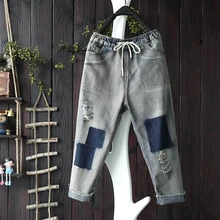 Дизайн, стиль искусства, женские шаровары с эластичной резинкой на талии, винтажные рваные джинсы, женские хлопковые свободные джинсы, большие размеры D548