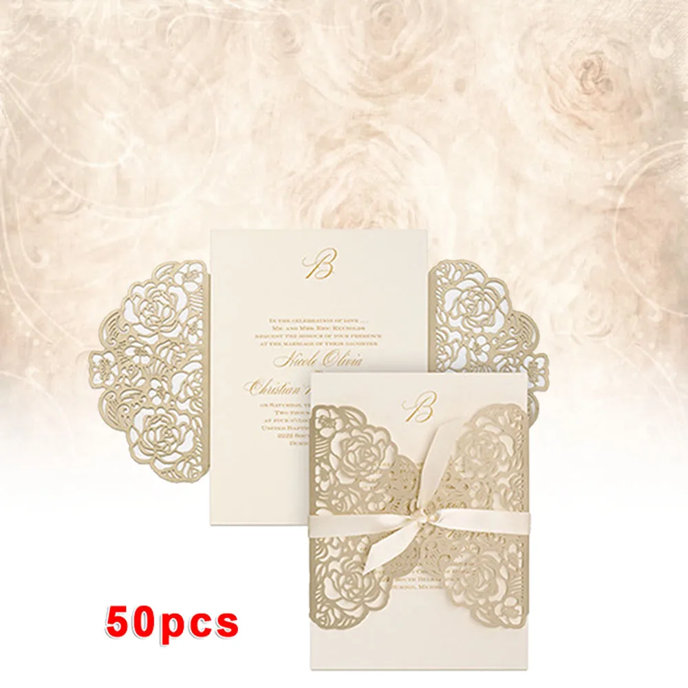  50pcs Folded Paper Hollow Exquisite Wedding Invitation & Greeting Card w/ Ribbon Holiday Greeting C - 4.00034E+12