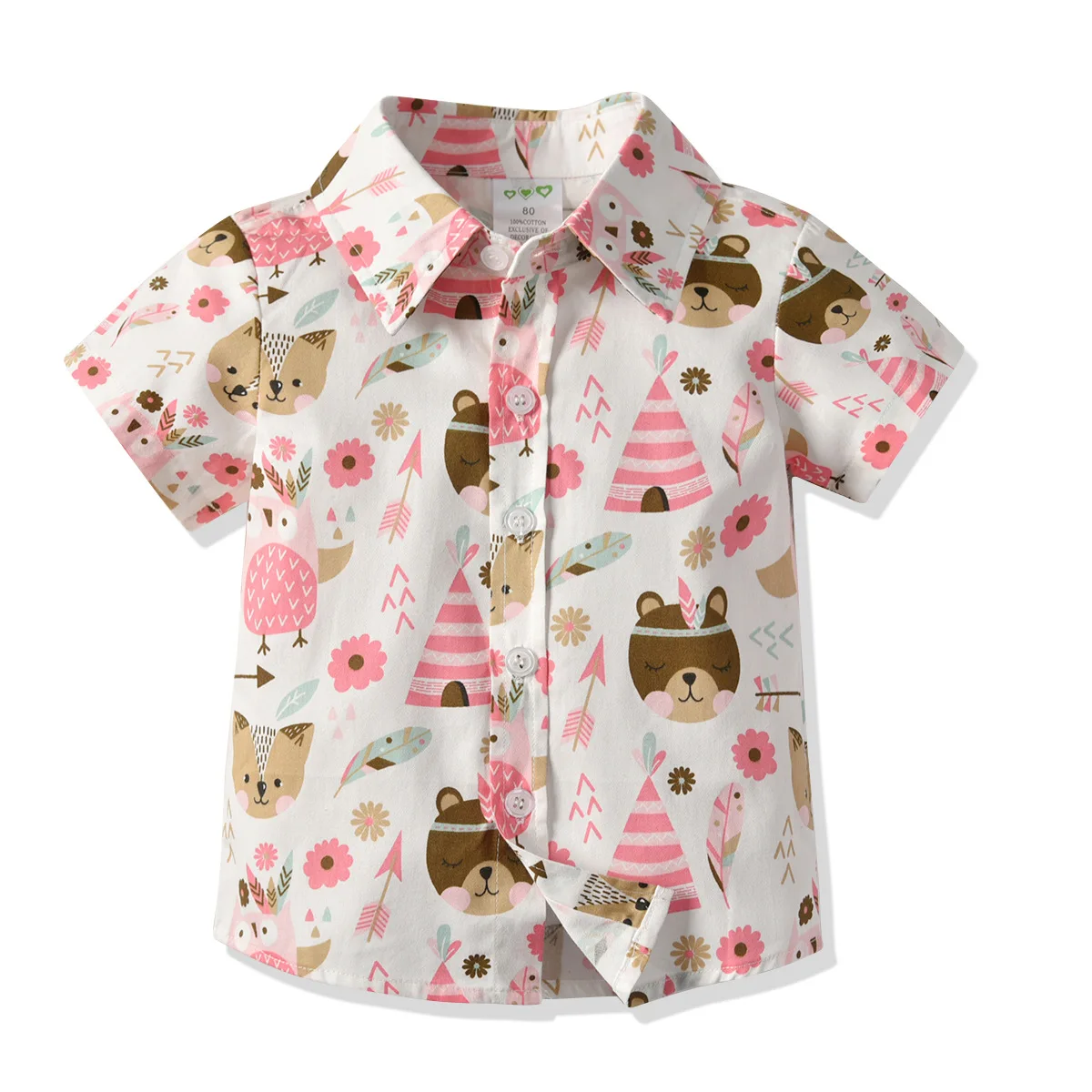 Childrenswear Child Summer Korean-style Pure Cotton Childrenswear Bear Printed Short-sleeved Shirt