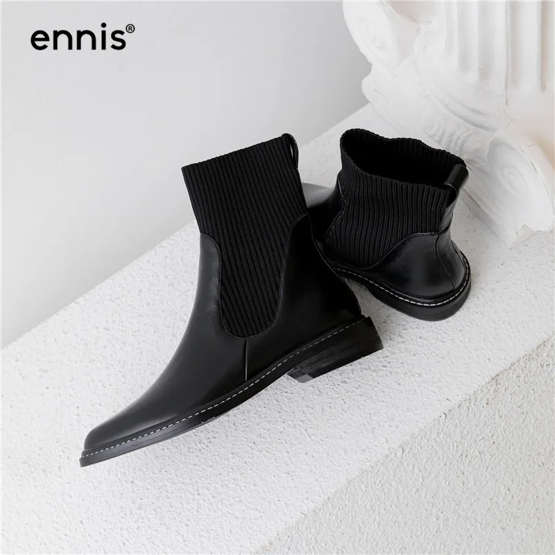 ENNIS/ г.; черные ботинки «Челси» в европейском стиле; женские ботинки из натуральной кожи с острым носком; обувь на низком каблуке; вязаные женские ботинки; сезон осень; A9144