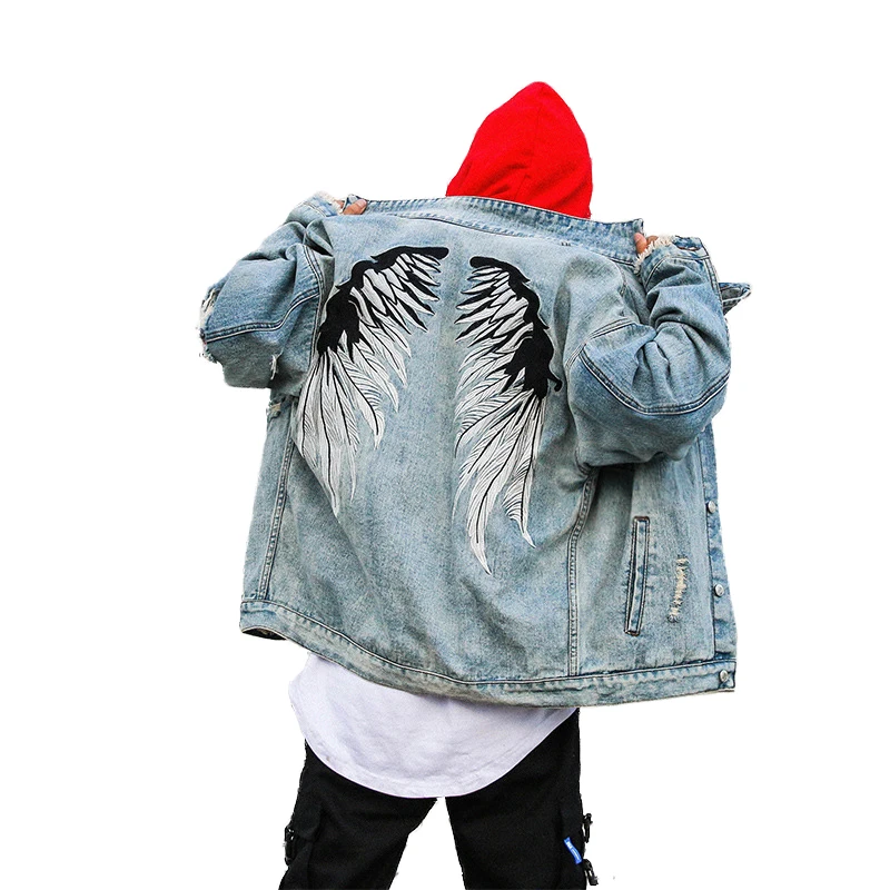 Марка New Fashion Hi Street Для Мужчин's рваные Джинсовые куртки крылья Джинсы с вышивкой куртки пальто на весну-осень для мужчин