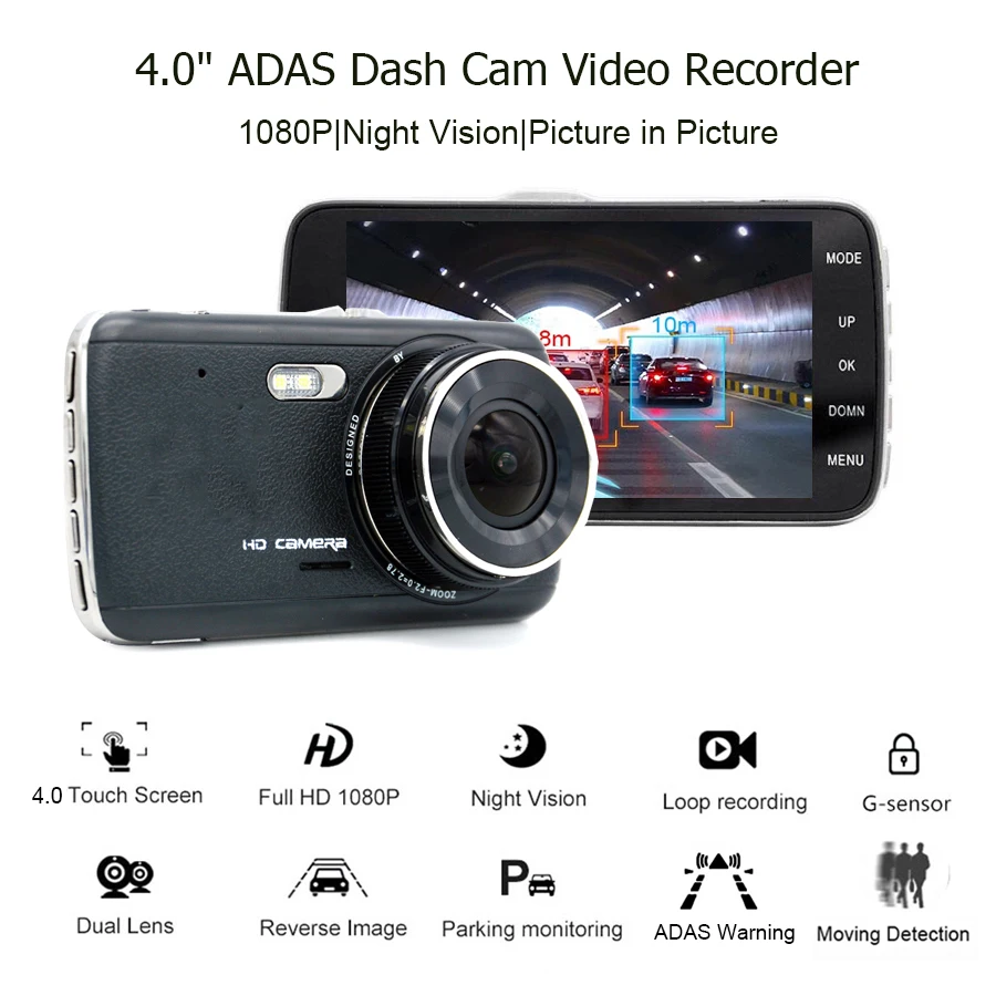 Anfilite, 4 дюйма, Full HD, 1080 P, Автомобильный регистратор, автомобильная камера, видеорегистратор, Dashcam с датчиком движения ADAS, ночное видение, g-сенсор
