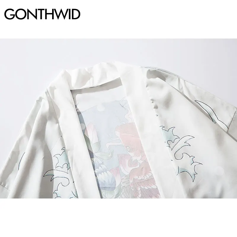 GONTHWID японский Fuji горная рыба карп кои печати кимоно кардиган Haori куртка для мужчин повседневное Harajuku Открытый спереди пальто уличная одежда