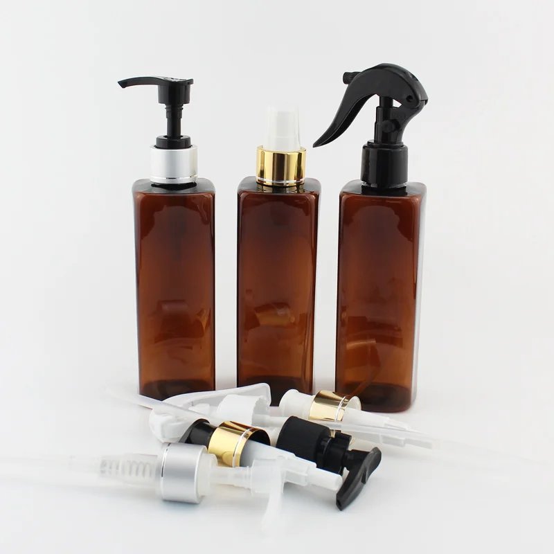 250ml Empty Square Brown Plastic Bottles With Spray Pump , Amber PET Bottle With Lotion Cream Pump Shampoo Containers 25pc/lot