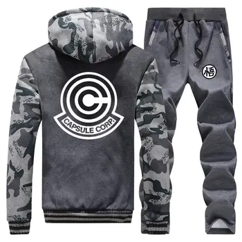

2019 Winter Tracksuit sweatpants Set Men jacket+pants 2Pieces Hooded Hoodies Male Dragon Ball print fashion fleece coat Clothes