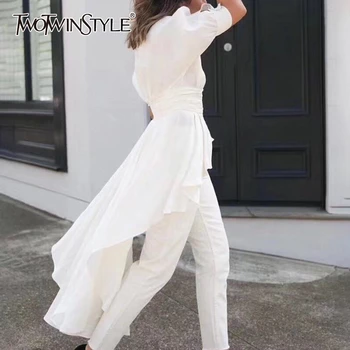 

TWOTWINSTYLE Stain Solid Women's Shirt V Neck Puff Sleeve Diamond Button Tunic Irregular Elegant Summer Blouses Female 2020 New