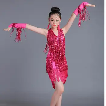 

Sequins Top Sale Latin Dance Dresses For Girls Blue Lace Club Party Dancer Singer Entertainer Fringe Tassel Rose Dress child 160