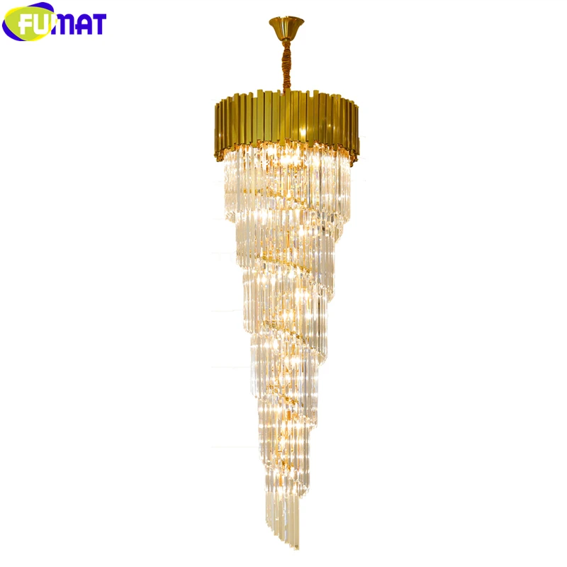 

FUMAT Crystal Pendant Lamp Gold Plating Stainless Steel Stairway Chandelier Villa Hanging LED Light Fixture Accept Customization