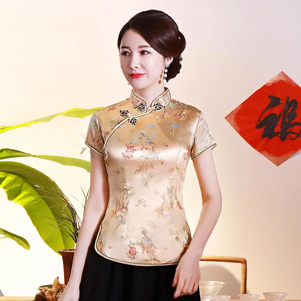 Новинка; платье с цветочным узором розовый цвет, вискоза традиционной китайской блузка восточные Стиль женские Традиционная рубашка летние пляжные вьетнамки больших размеров с 3XL 4XL Элегантные Топы Одежда Tang - Цвет: Gold Dragon
