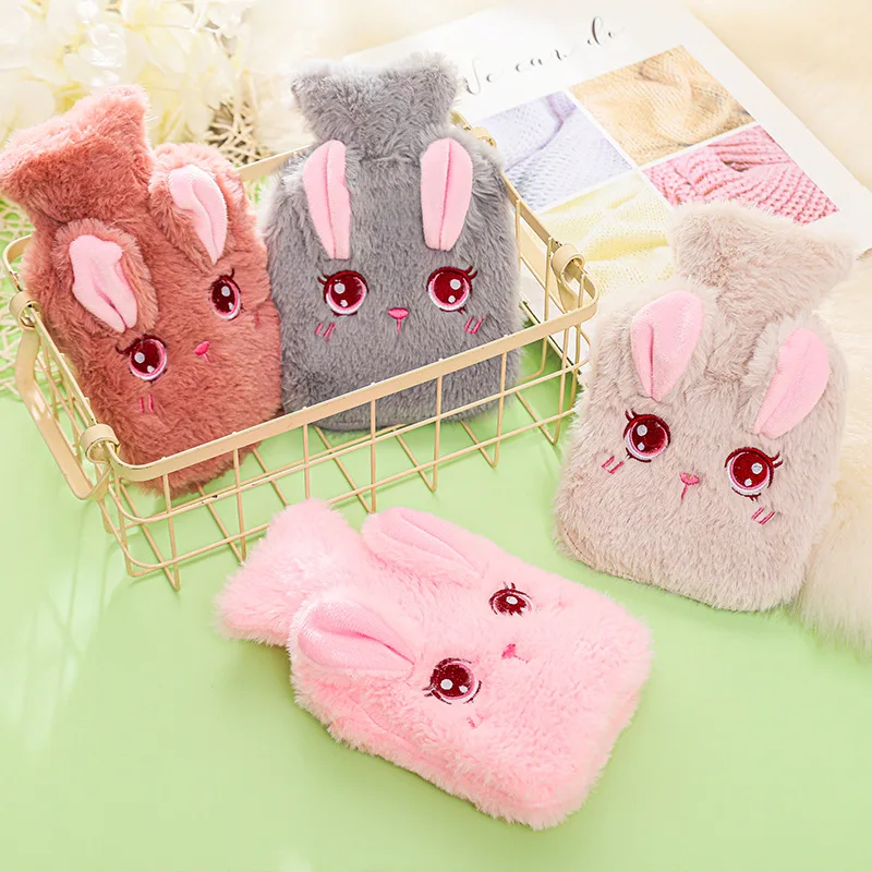 Botella de agua caliente con dibujos de conejo de peluche para invierno, alivio del dolor de estrés en PVC, bolsa de agua caliente tejida, cubierta suave y acogedor, calentador de manos