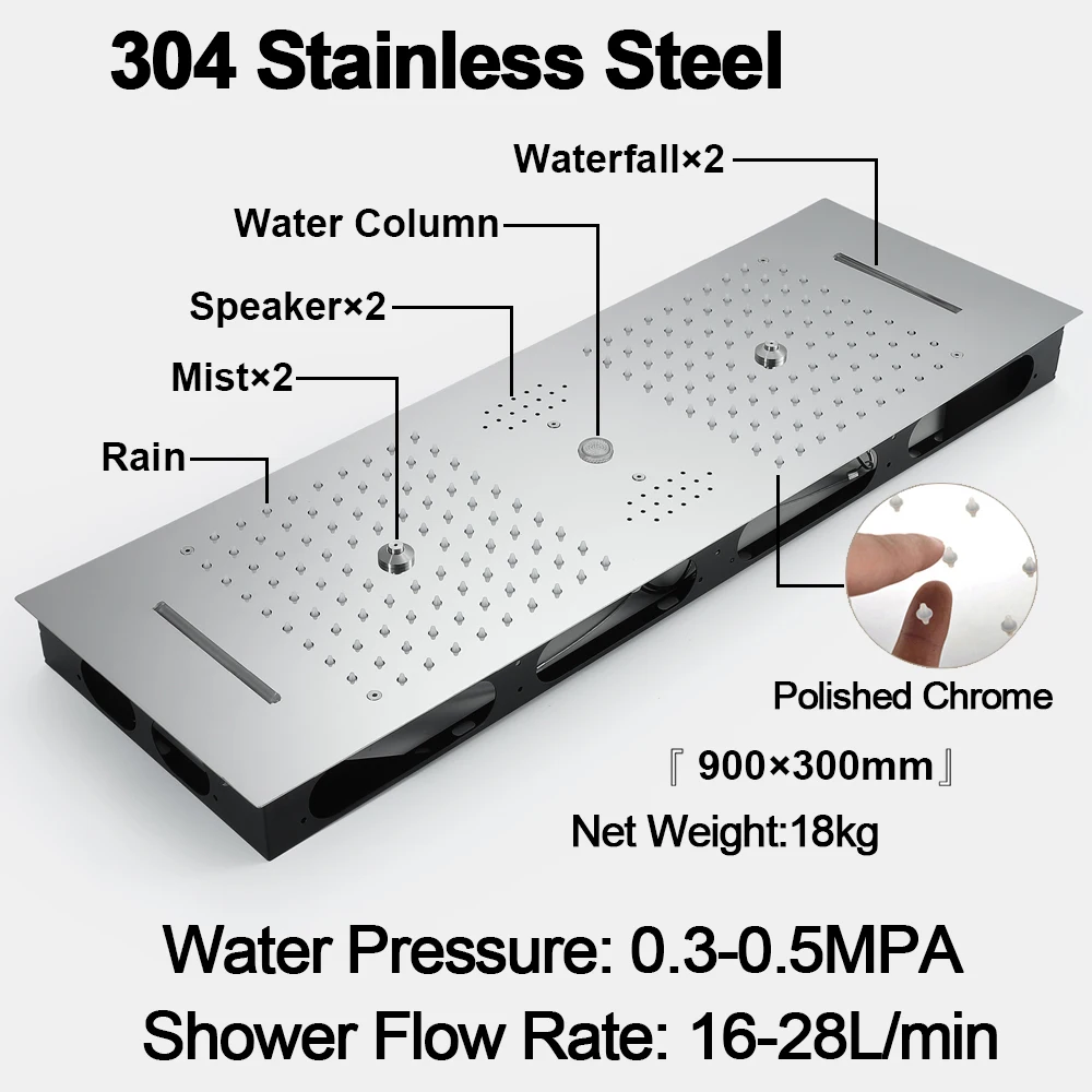 Luxurious Large 900&times;300mm Rain Shower Panel 6 Functions Shower System Thermostatic Bathroom Faucet Bath Tap LED Music Showerhead