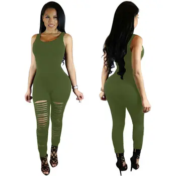

Women Jumpsuit Ripped Hole Hollow Sleeveless Rompers Slim Sport Gym Running Jogging Playsuit Solid Color Skinny Long Jumpsuit