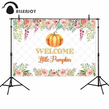 

Allenjoy Welcome Little Pumpkin Backdrop Thanksgiving Day Flowers Harlenquin Tufted Party Banner Halloween Photobooth Background