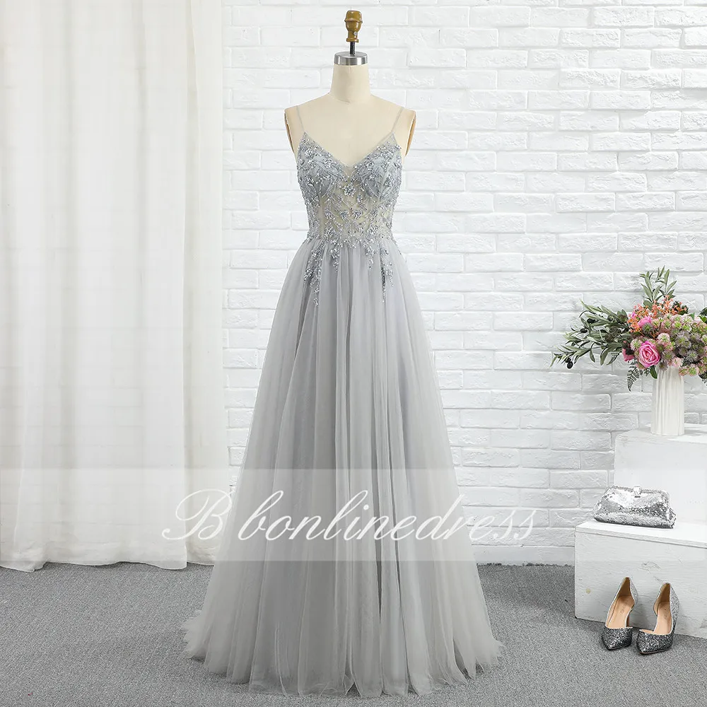 

Youthful Grey Tulle Prom Dress Long A Line Spaghetti Strap Transparent Tranparent Hand Beaded Evening Dresses Formal Party Gowns
