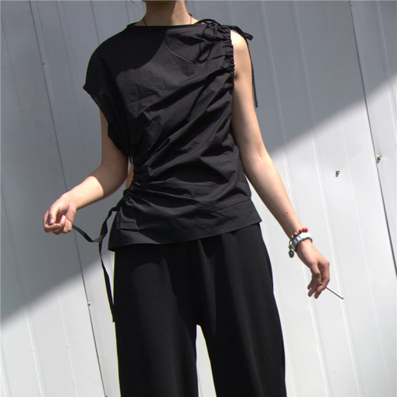 New Spring Summer Round Neck Sleeveless Black Hollow Out Drawstring Bandage Loose T-shirt Women Fashion Tide V901