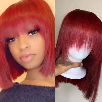 

Red Color With Bangs Baby Hair Lace Front Short Bob Wigs Straight Brazilian Remy Human Hair