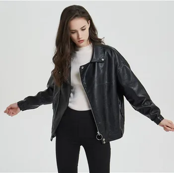 

Long Sleeve Zip-up Jacket Female Autumn Leather Jacket Oversized Faux Leather Woman Coat