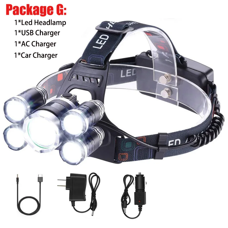 5LED Package G T30 светодиодный налобный фонарь с высоким люменом 3/5 светодиодный светильник ультра яркий налобный светильник с подзарядкой через USB 4 режима светодиодный светильник водонепроницаемый для рыбалки и охоты - Испускаемый цвет: 5LED Package G