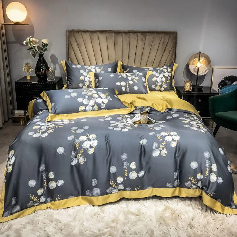 

Luxury 100% Silk Cherry Gray Bedding Set Printed Duvet Cover Set Silky Bed Set Pillowcase Queen King Flat Sheet
