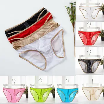 

Men's Sexy See-through Silk Briefs Mesh Sheer Pouch Stretchy Seamless Panties Thongs Underwear Black Green Pink Red White