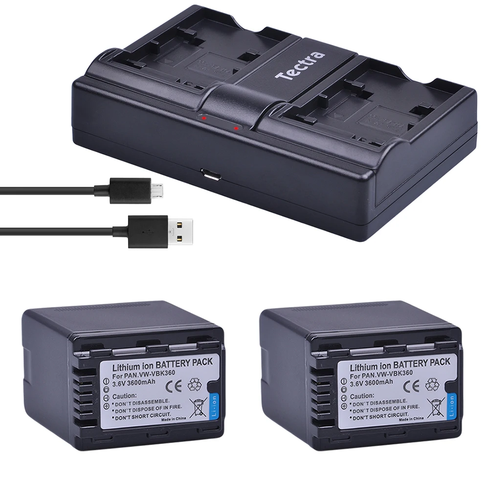 

2Pcs 3600mAh VW-VBK360 VBK360 Battery+USB Dual Charger for Panasonic HDC-HS80 SD40 SD60 SD80 SDX1 SDR-H100 H85 H95