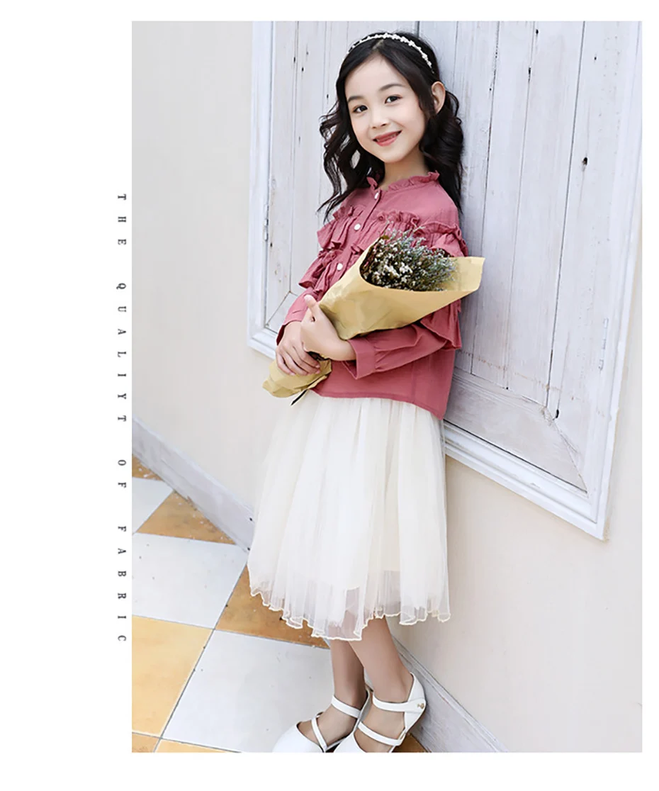 Однотонная блузка для девочек блузки с длинными рукавами для школьниц 6, 8, 12 лет, Детская рубашка детская рубашка с оборками осенняя одежда для девочек-подростков