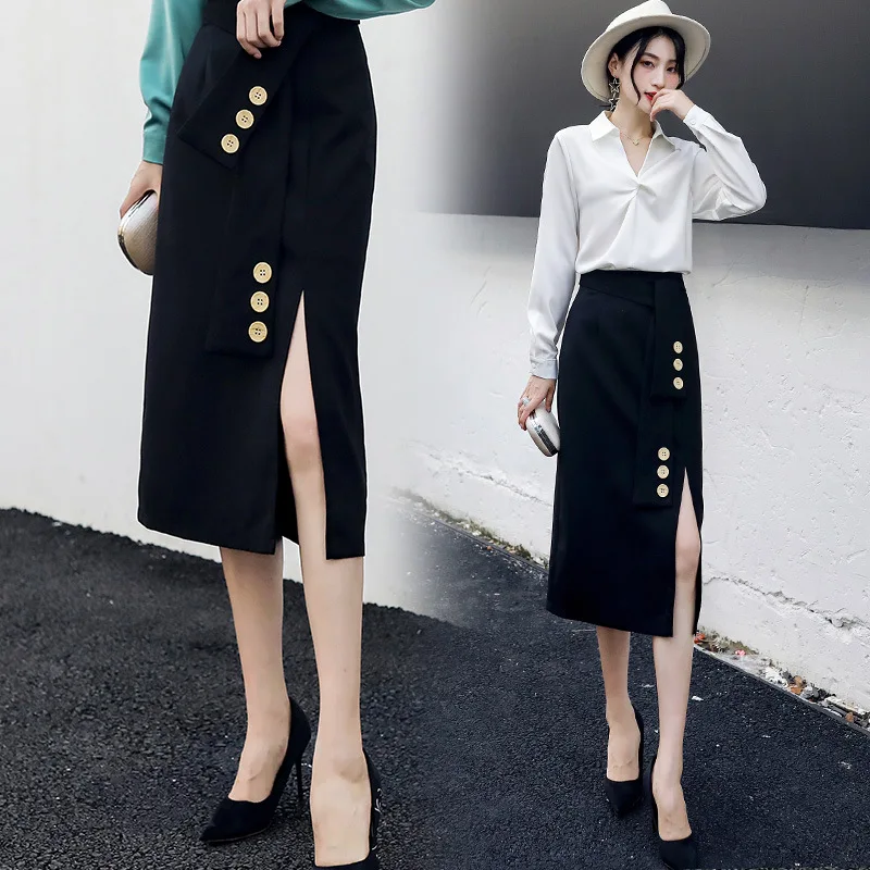 

Irregular Slit A- line Longuette Women's 2019 Autumn And Winter New Style High-waisted Slimming Step Skirt Mid-length
