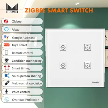 

EU US standard 4 Gang Zigbee Smart Light Switch Glass Touch Panel Voice Control Wireless Wall Remote Alexa Google Home