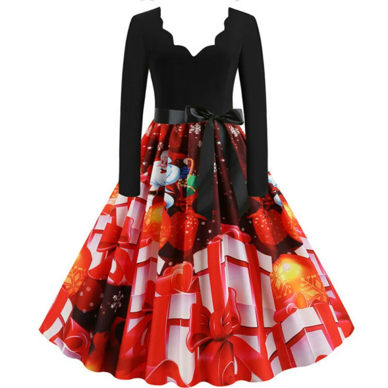 Noel Femmes Soiree Robe Vintage Dames Impression De Noel A Manches Longues Robe Midi Elegant Une Ligne Robe Vetements De Sport Aliexpress