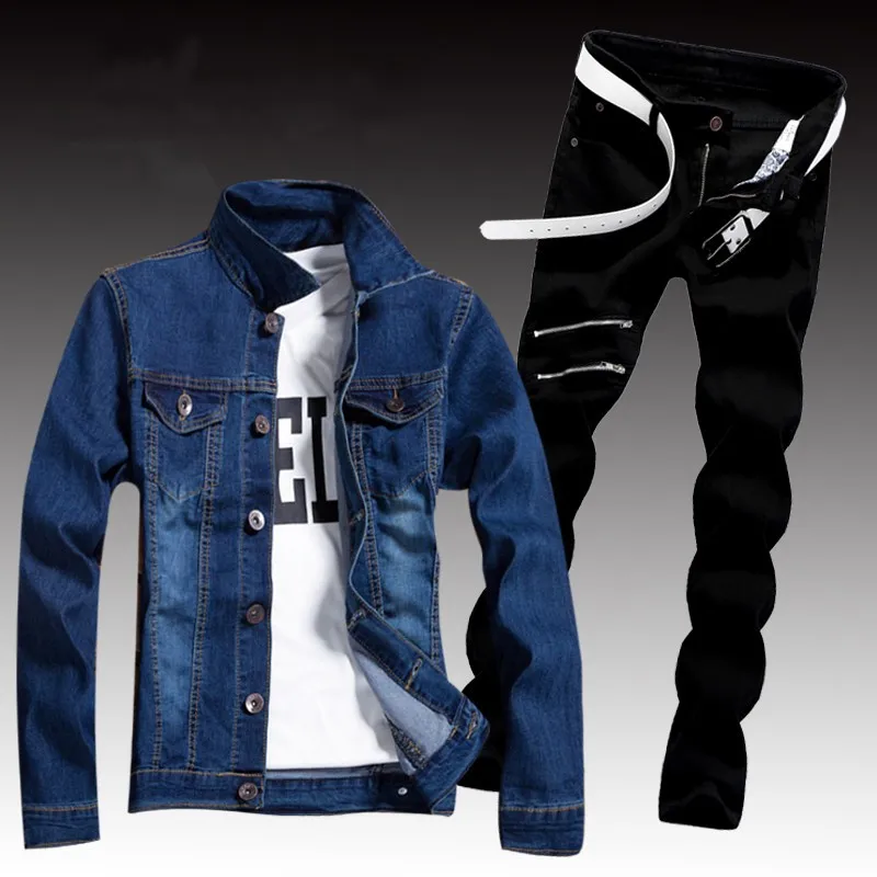 Spring Mens Denim Two Piece Set Hole 