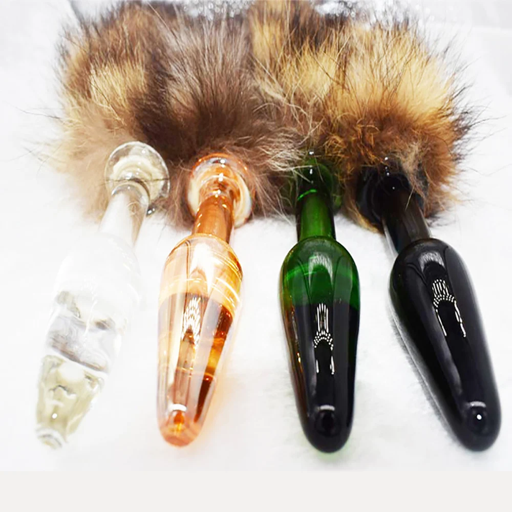 Анальная пробка с лисьим хвостом прозрачная стеклянная анальная для заднего