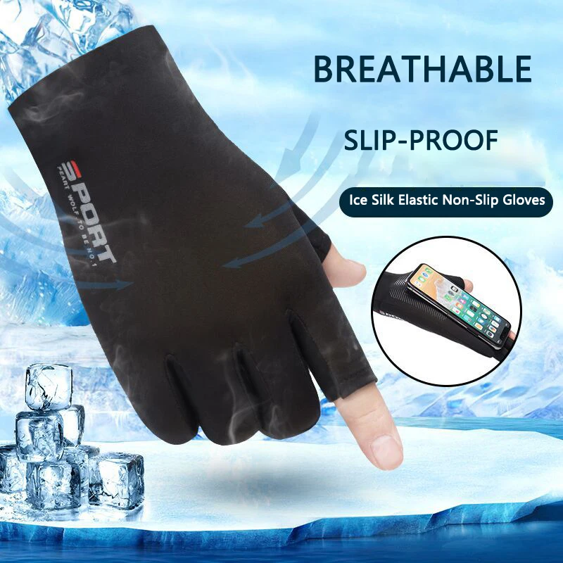 Summer Ice Silk Fingerless Gloves Men Driving Cycling Elastic UV Protection Sun-Proof Anti-Slip Camping Women Two-Finger Gloves summer spring women sun protection gloves cotton full finger anti uv anti slip touch screen driving gloves breathable guante