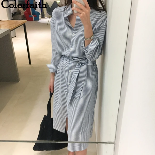 Colorfaith 2021 Women Dresses Spring Summer Elegant Casual Striped Shirt Dress Cotton and Linen Lace Up Single Breated DR1800 1