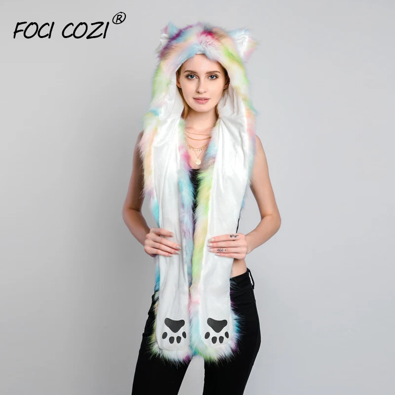 Tie Dye Faux Fur 3 в 1 многофункциональная шапка со светодиодным освещением, зимняя шапка и шарф для женщин, шапки в виде животных с лапами для взрослых