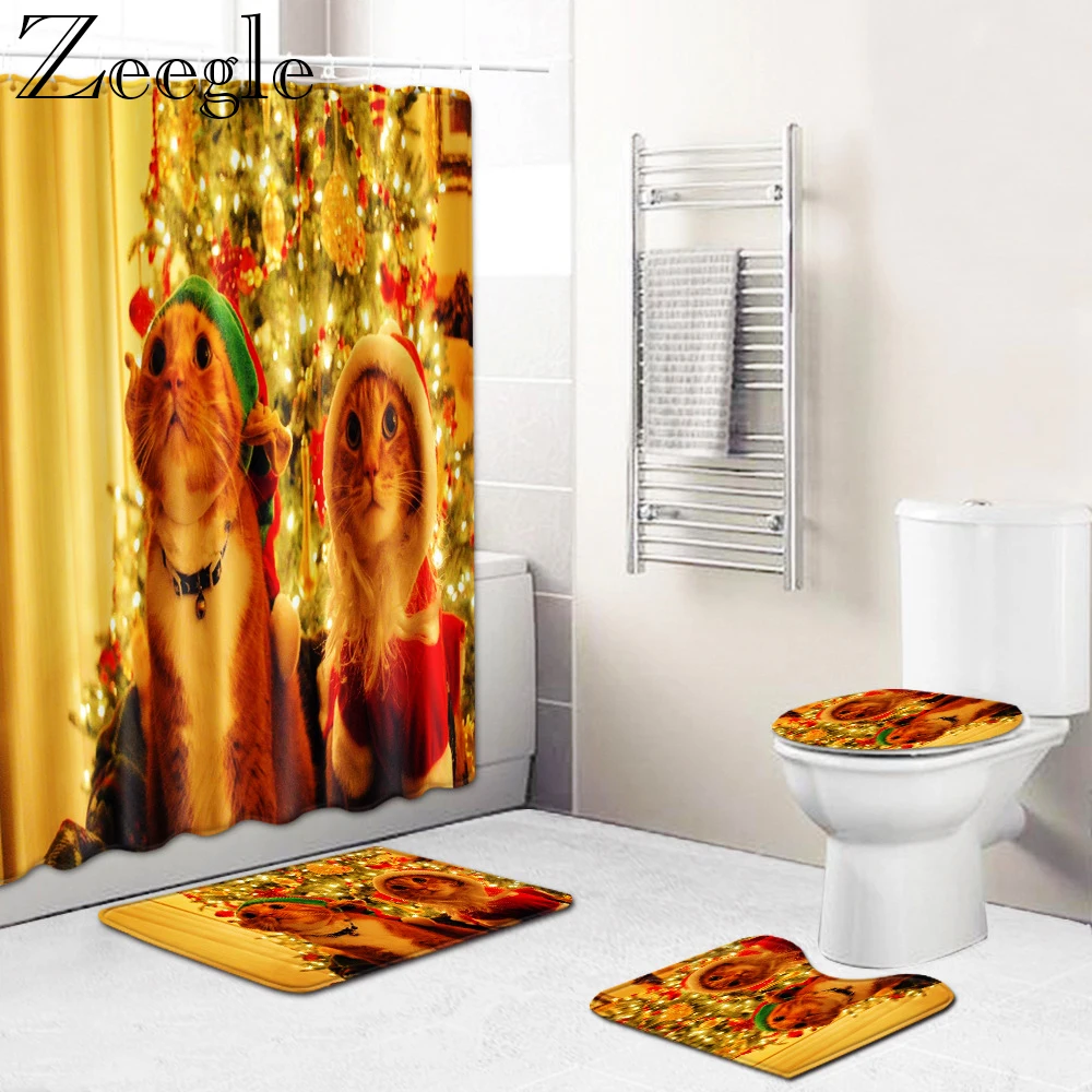 Zeegle Christmas Bath Curtain Waterproof Shower Curtain Anti-slip Bathroom Carpet Set Toilet Cover Mat Absorbent Bathroom Rug