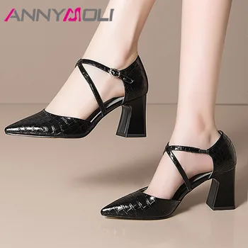 

ANNYMOLI Shoes Women Genuine Leather High Heel Pumps Pointed Toe Thick Heels Footwear Summer Dress Shoes Apricot Black Size 43