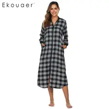 Ekouaer женский осенне-зимний халат с круглым вырезом на молнии, халаты, клетчатое платье для отдыха, женский длинный халат, платье для сна