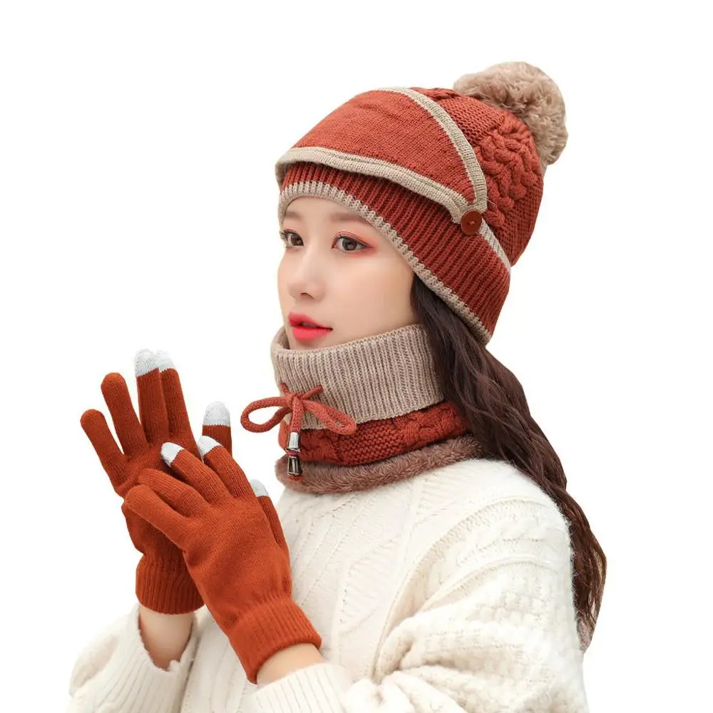 4PCS Parent Child Hat Mask Scarf Set Winter Warm Knitted Pompom Caps Beanie Women Kids Wool Crochet Earmuff Hats Outdoor Ski