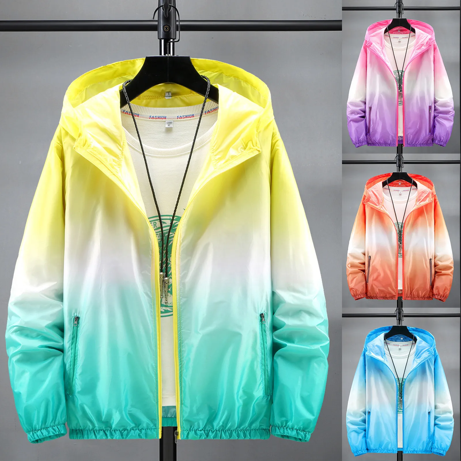 Women's Fashion Slim Fit Hooded Jackets Clothing Ladies Gradient Hooded Light Outdoor Sports Sunscreen Coat Running Tops #4 1